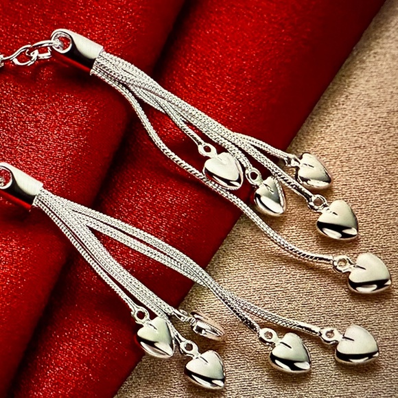 NEW Sterling Silver Tassel Heart Dangle Earrings - Picture 6 of 8